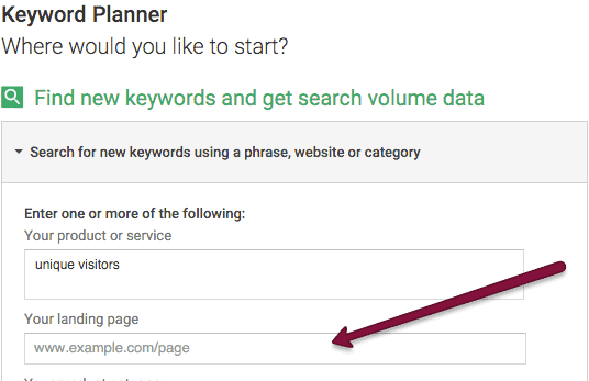 Type in page URL into the google keyword planner